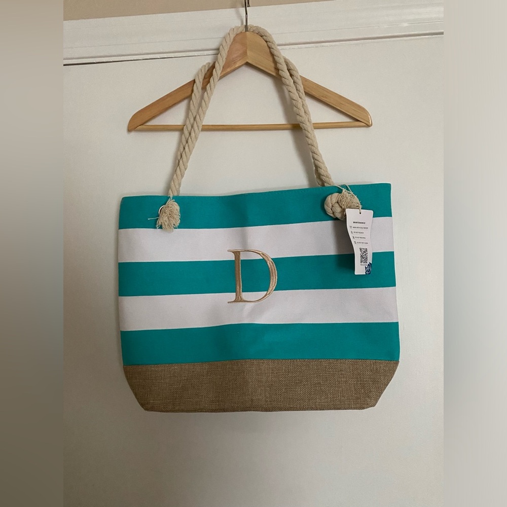 NWT beach/travel bag initial “D” aqua and white striped with rope handles